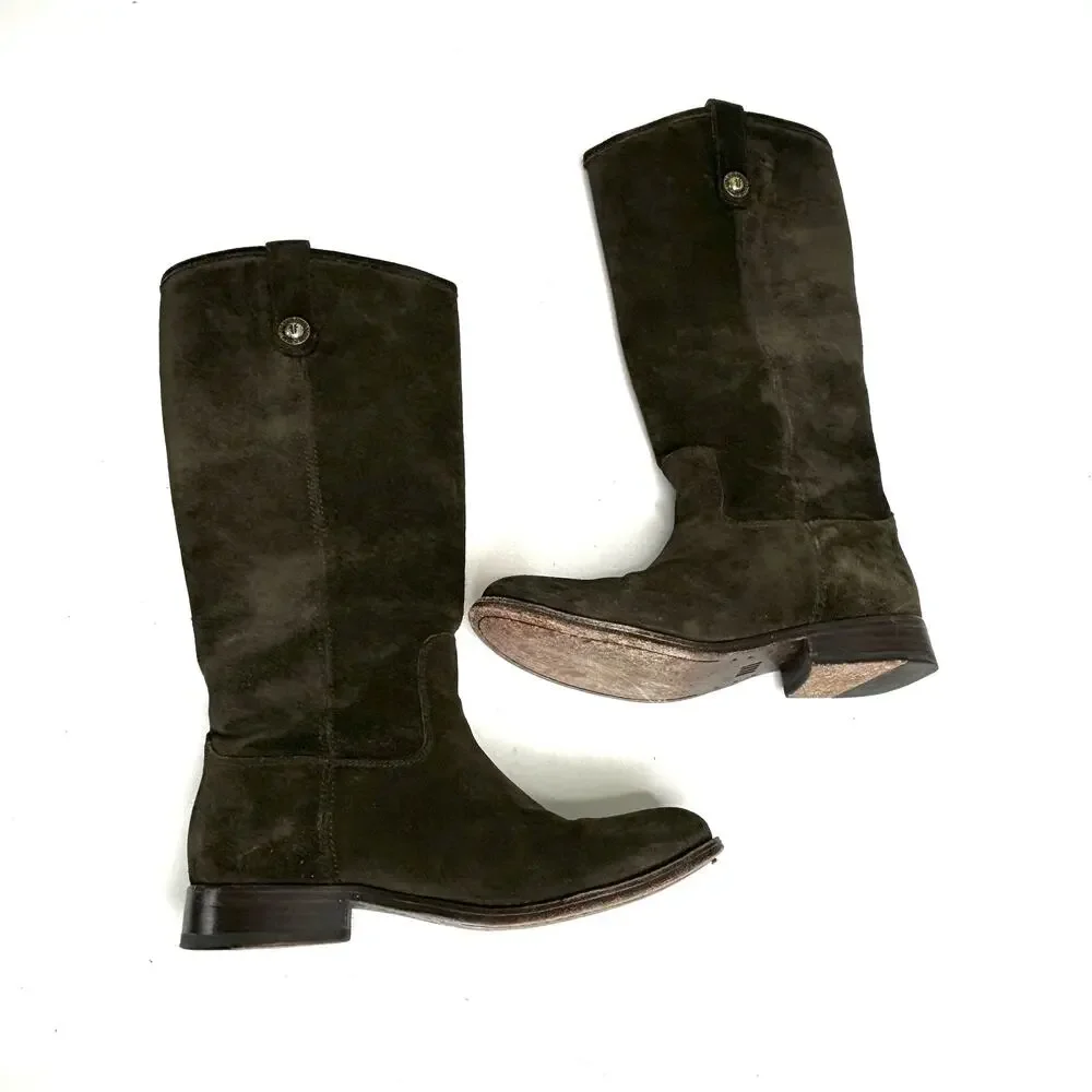 Frye Melissa Button Green, Fatigue Suede Tall Riding Boots 6